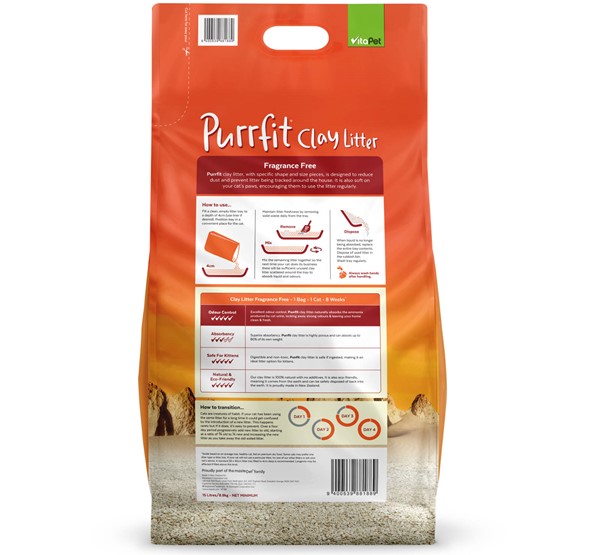 Cat Litter - Purrfit Clay 15L - Back of Pack